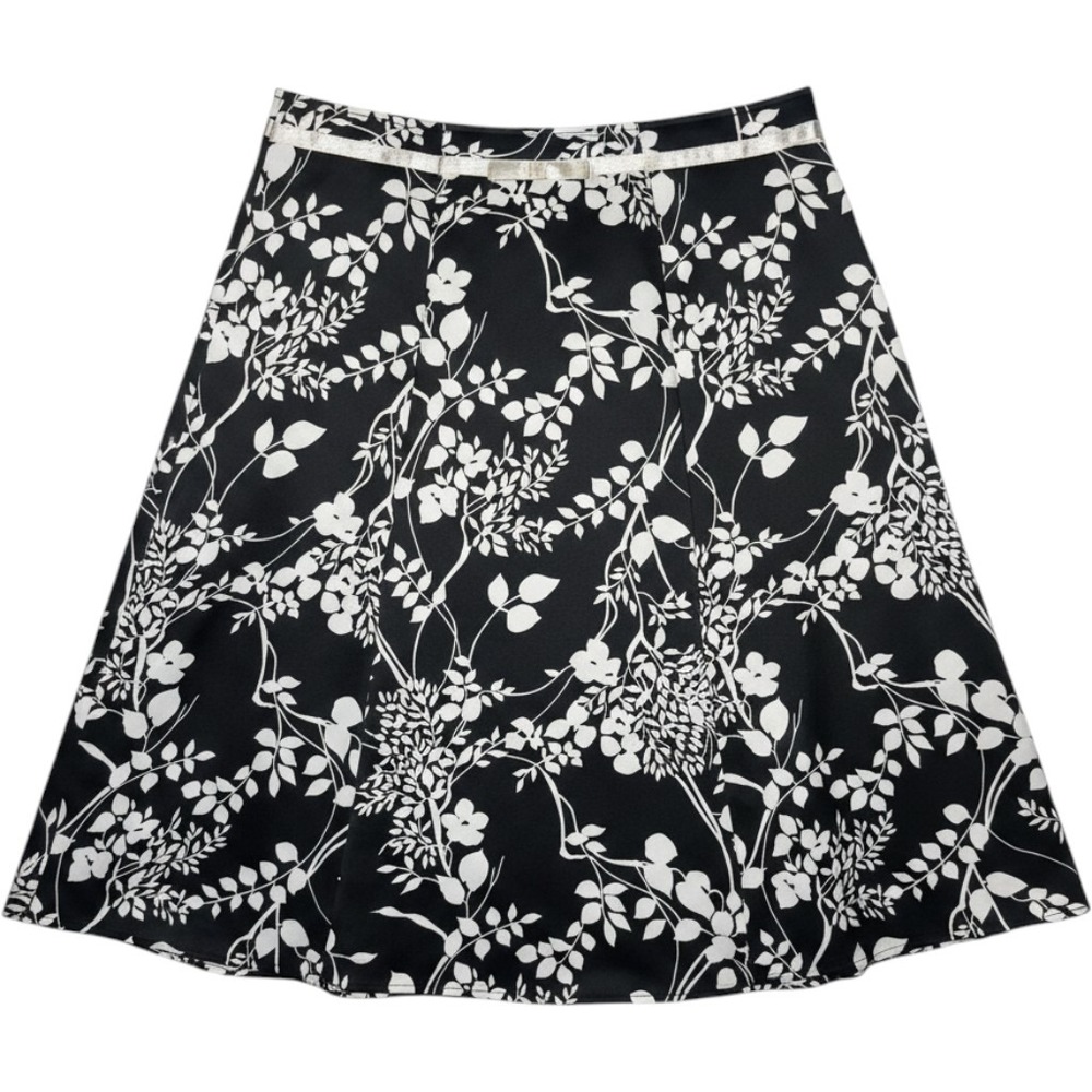 Notations Womens Black White Floral A-Line Midi Skirt Satin Bow Size M IB40200